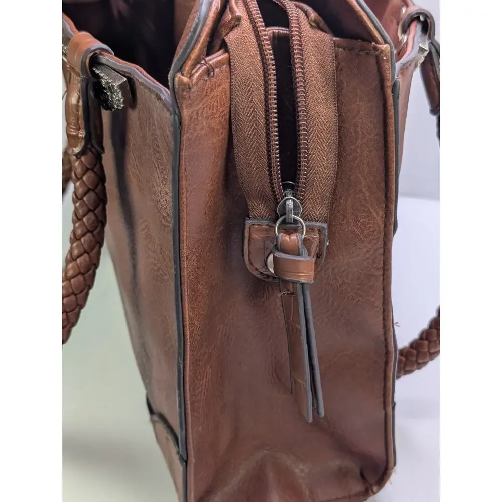 Bueno Brown Faux Leather Satchel Handbag Braided Handles Western Croc Trim